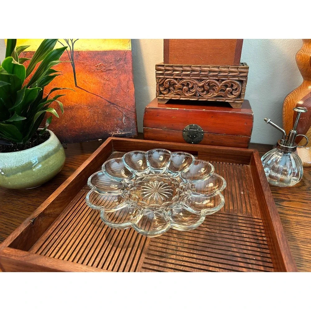 Vintage Anchor Hocking Deviled Egg Plate 10 Inch Clear Glass Scalloped Starburst